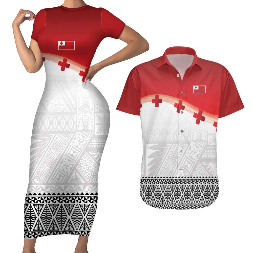 Ikale Tahi Pacific Tonga Rugby Custom Couples Matching Short Sleeve Bodycon Dress and Hawaiian Shirt Tongan Ngatu with Flag Pattern