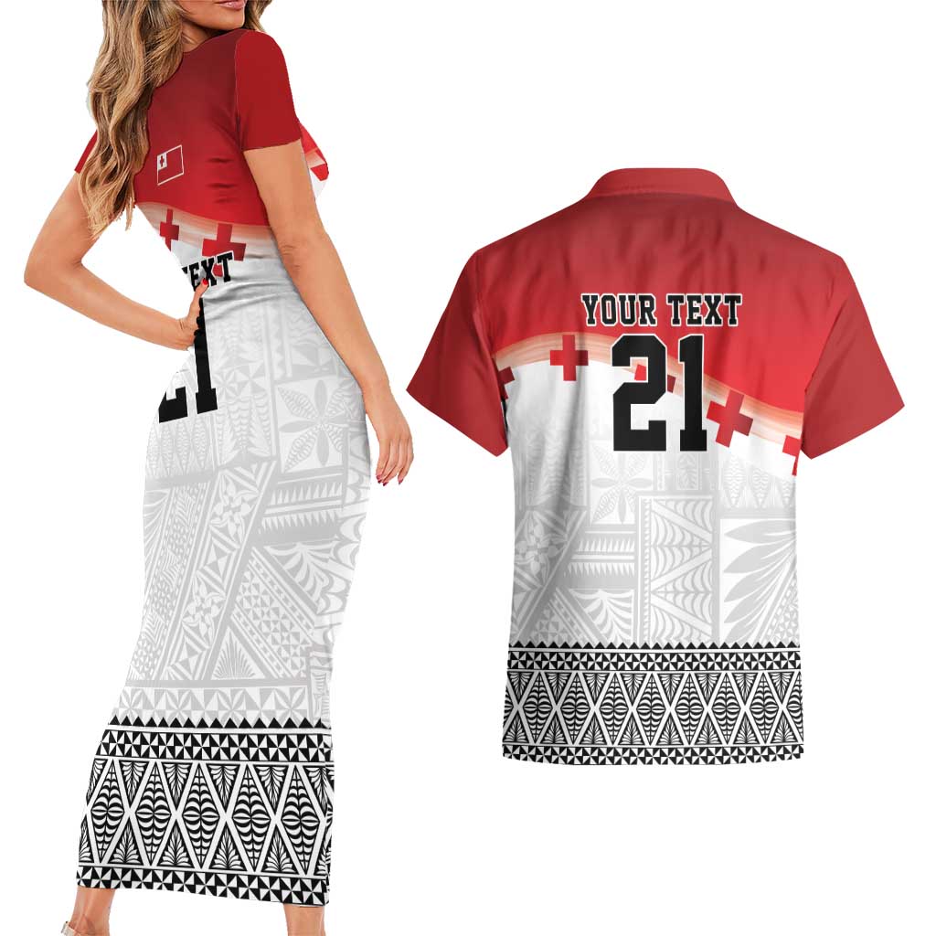Ikale Tahi Pacific Tonga Rugby Custom Couples Matching Short Sleeve Bodycon Dress and Hawaiian Shirt Tongan Ngatu with Flag Pattern