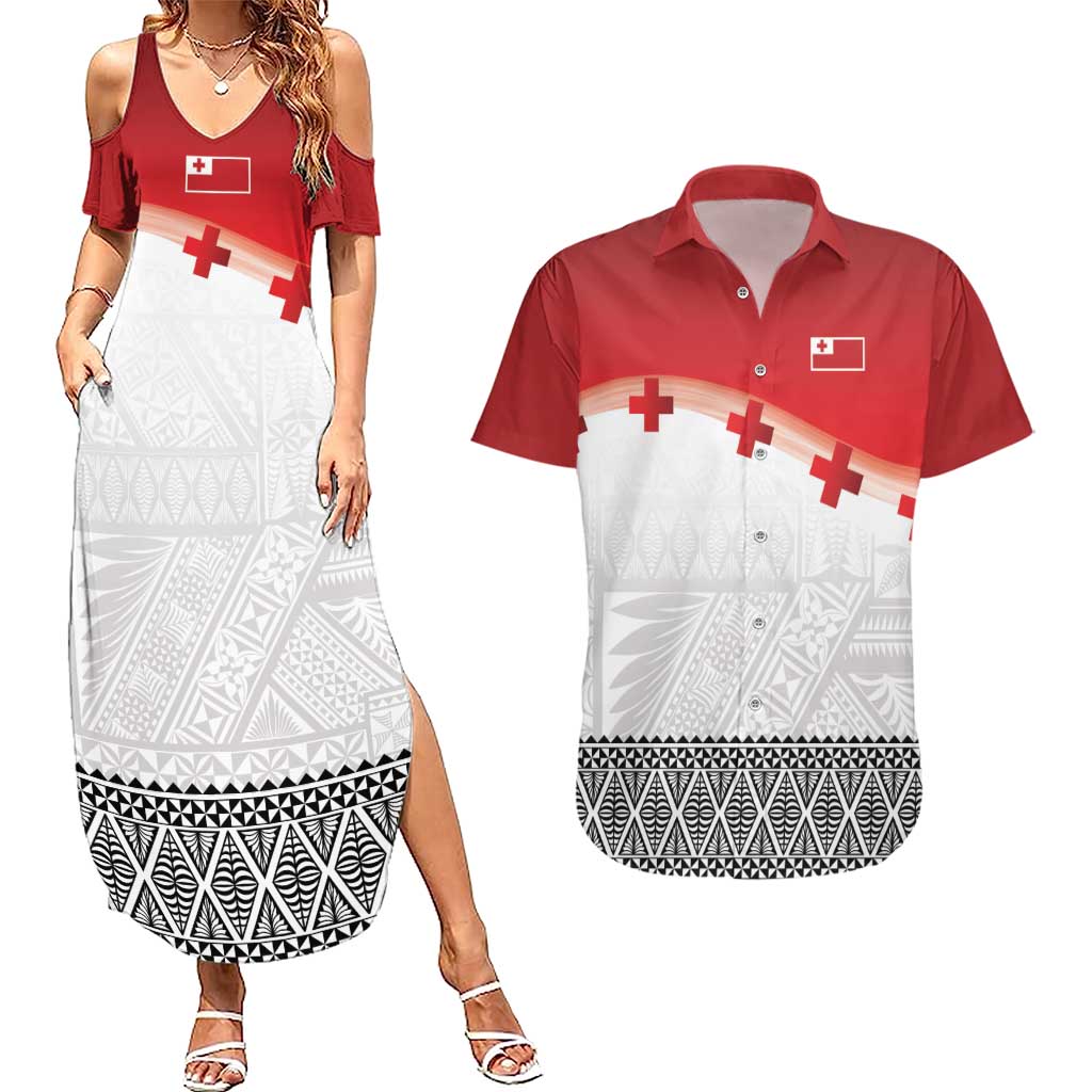 Ikale Tahi Pacific Tonga Rugby Custom Couples Matching Summer Maxi Dress and Hawaiian Shirt Tongan Ngatu with Flag Pattern