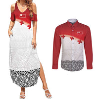 Ikale Tahi Pacific Tonga Rugby Custom Couples Matching Summer Maxi Dress and Long Sleeve Button Shirt Tongan Ngatu with Flag Pattern