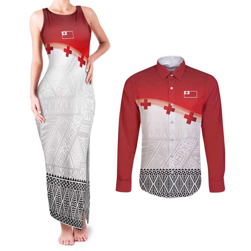 Ikale Tahi Pacific Tonga Rugby Custom Couples Matching Tank Maxi Dress and Long Sleeve Button Shirt Tongan Ngatu with Flag Pattern