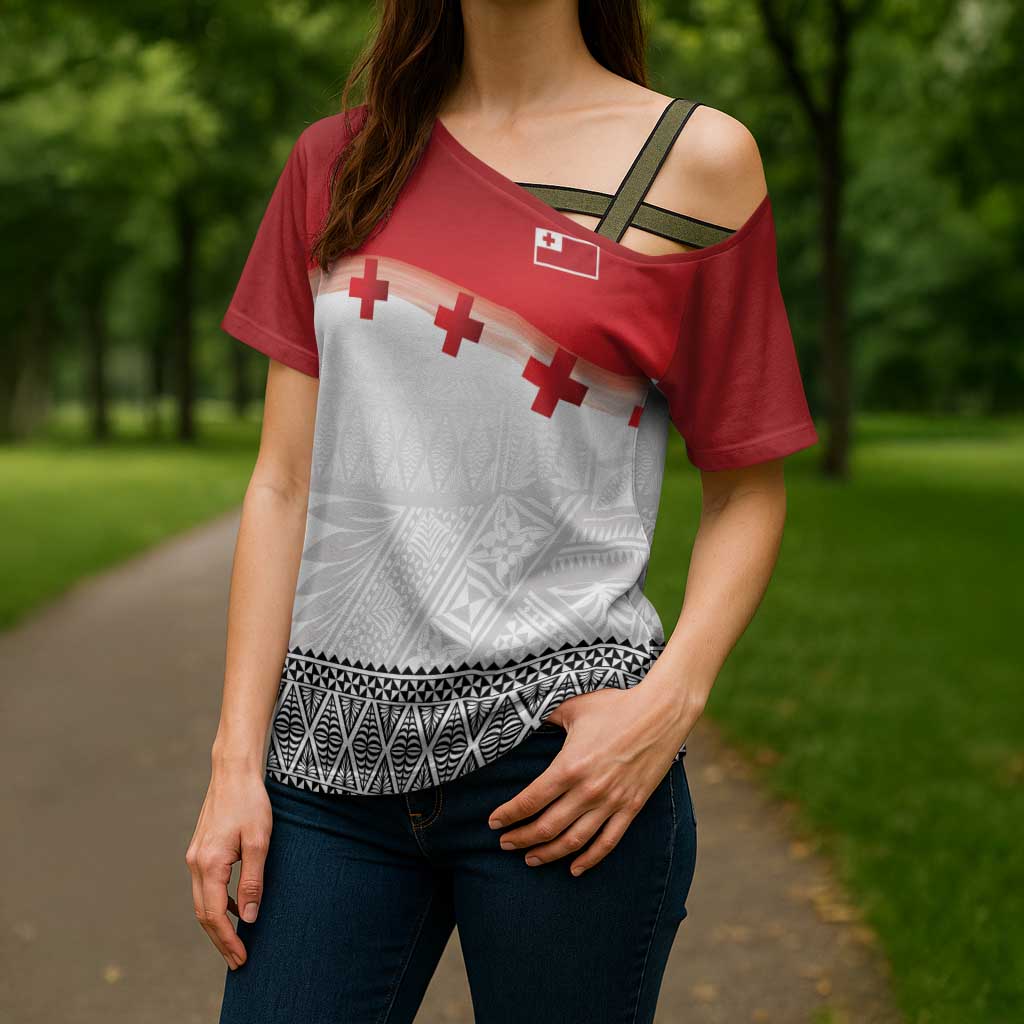 Ikale Tahi Pacific Tonga Rugby Custom Cross Shoulder Shirt Tongan Ngatu with Flag Pattern - Polynesian Pride
