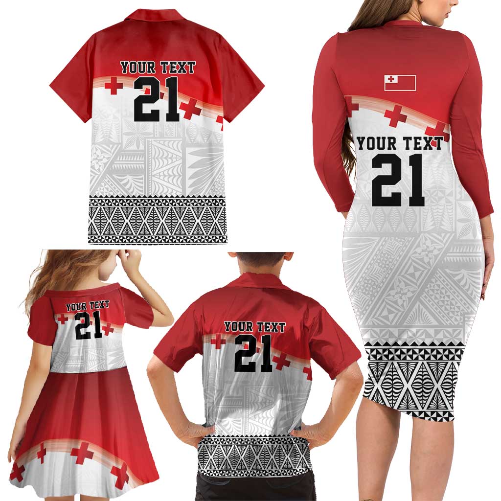 Ikale Tahi Pacific Tonga Rugby Custom Family Matching Long Sleeve Bodycon Dress and Hawaiian Shirt Tongan Ngatu with Flag Pattern