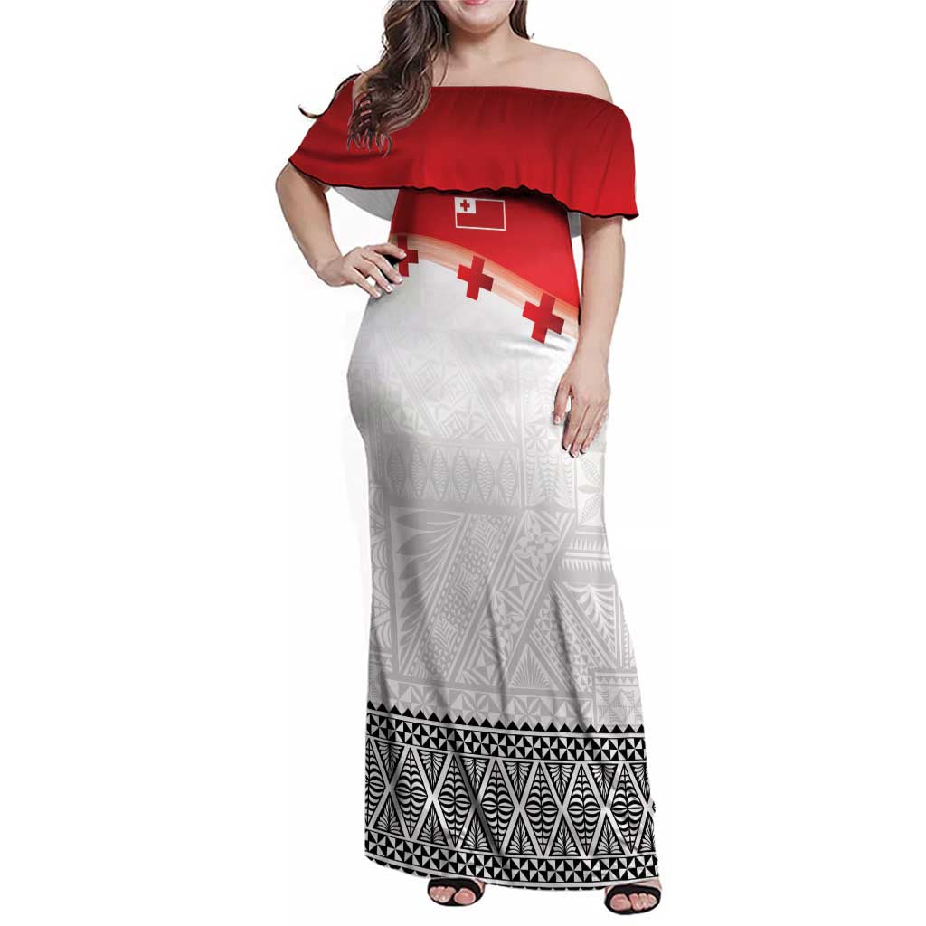 Ikale Tahi Pacific Tonga Rugby Custom Family Matching Off Shoulder Maxi Dress and Hawaiian Shirt Tongan Ngatu with Flag Pattern LT9 Mom's Dress Red - Polynesian Pride