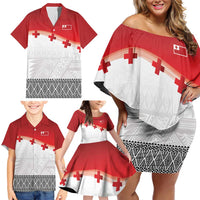 Ikale Tahi Pacific Tonga Rugby Custom Family Matching Off Shoulder Short Dress and Hawaiian Shirt Tongan Ngatu with Flag Pattern LT9 - Polynesian Pride