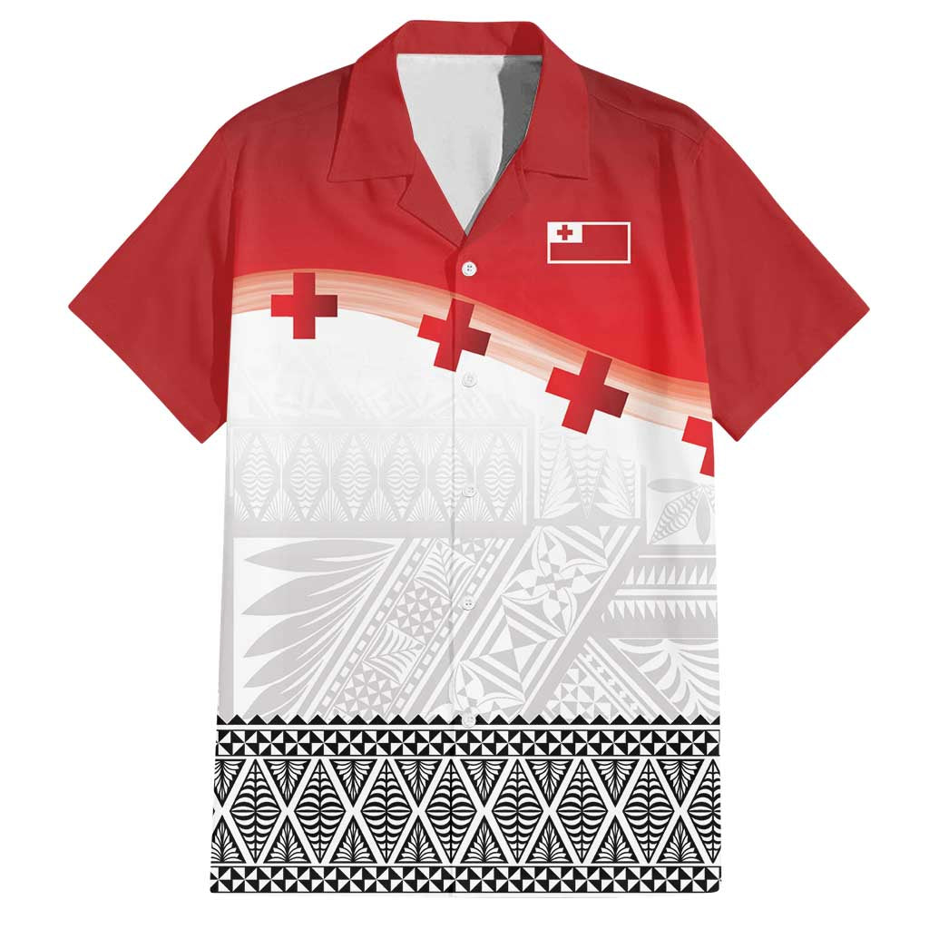Ikale Tahi Pacific Tonga Rugby Custom Family Matching Off Shoulder Short Dress and Hawaiian Shirt Tongan Ngatu with Flag Pattern LT9 Dad's Shirt - Short Sleeve Red - Polynesian Pride