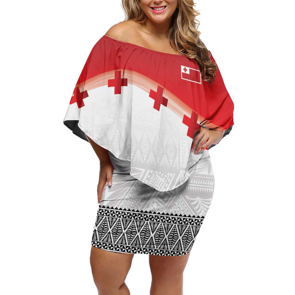 Ikale Tahi Pacific Tonga Rugby Custom Family Matching Off Shoulder Short Dress and Hawaiian Shirt Tongan Ngatu with Flag Pattern LT9 Mom's Dress Red - Polynesian Pride