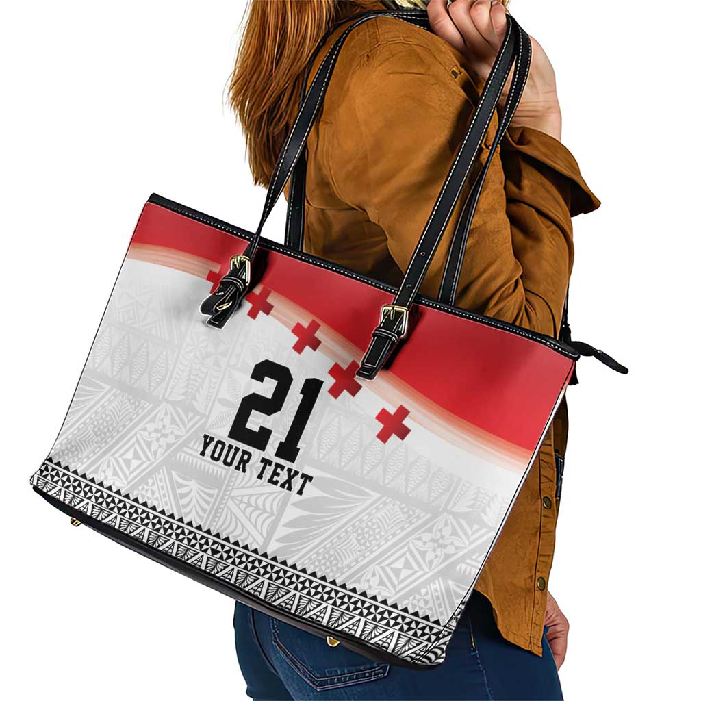 Ikale Tahi Pacific Tonga Rugby Custom Leather Tote Bag Tongan Ngatu with Flag Pattern LT9 - Polynesian Pride