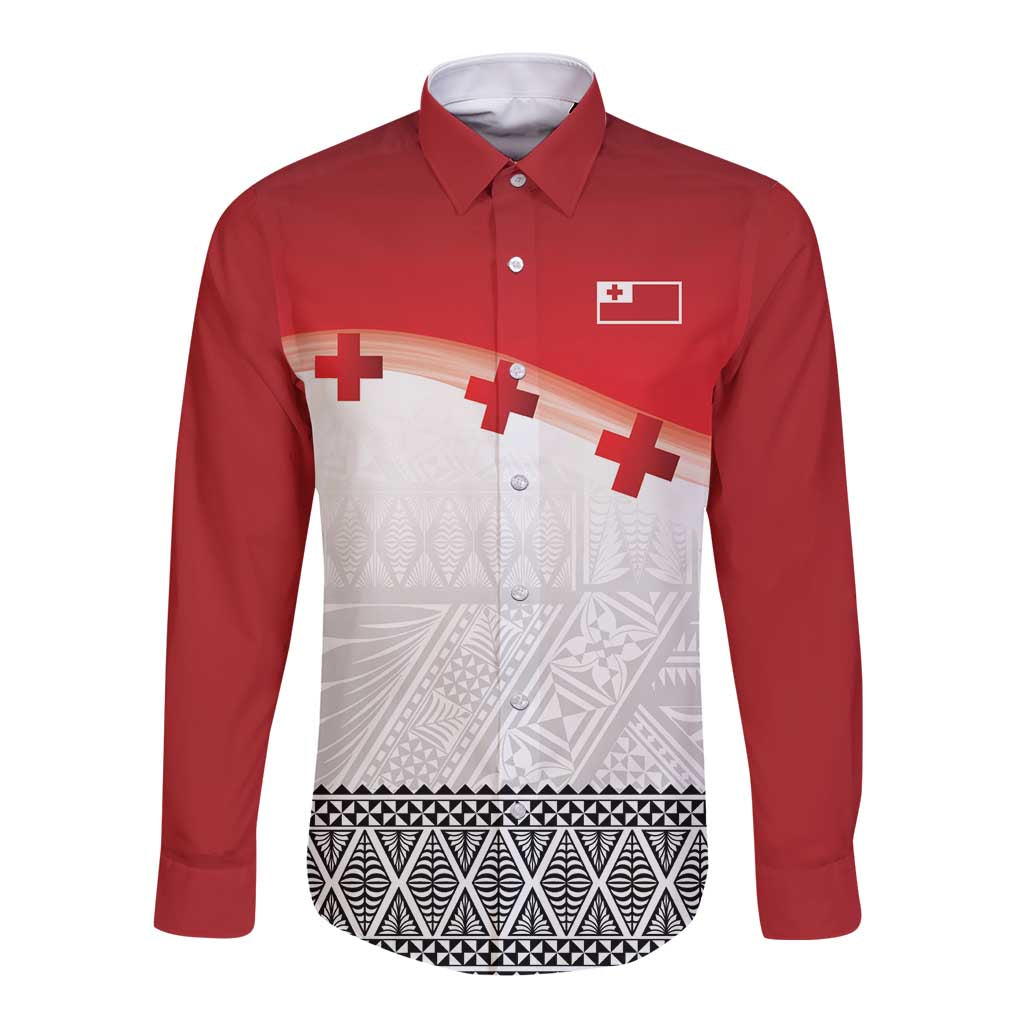 Ikale Tahi Pacific Tonga Rugby Custom Long Sleeve Button Shirt Tongan Ngatu with Flag Pattern