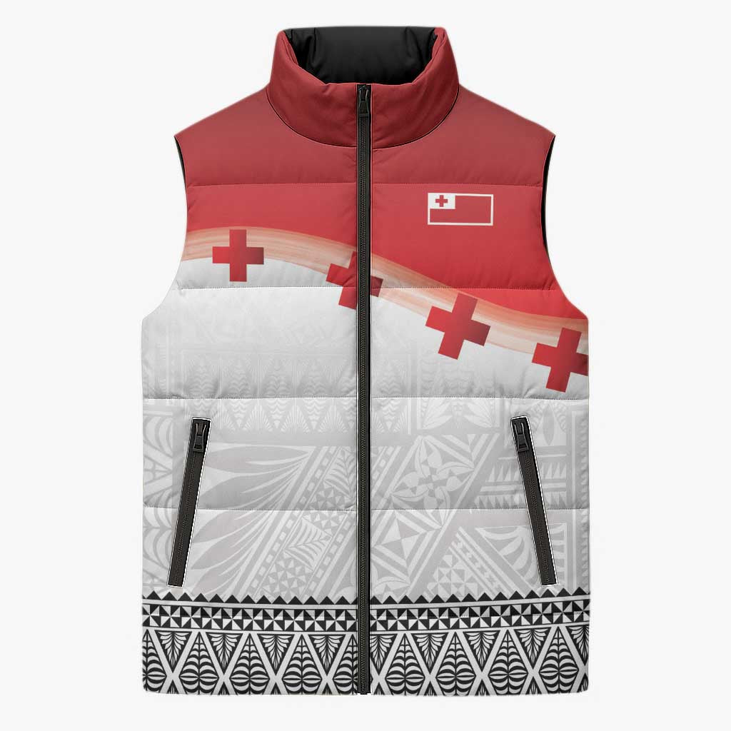 Ikale Tahi Pacific Tonga Rugby Custom Sleeveless Puffer Jacket Tongan Ngatu with Flag Pattern - Polynesian Pride