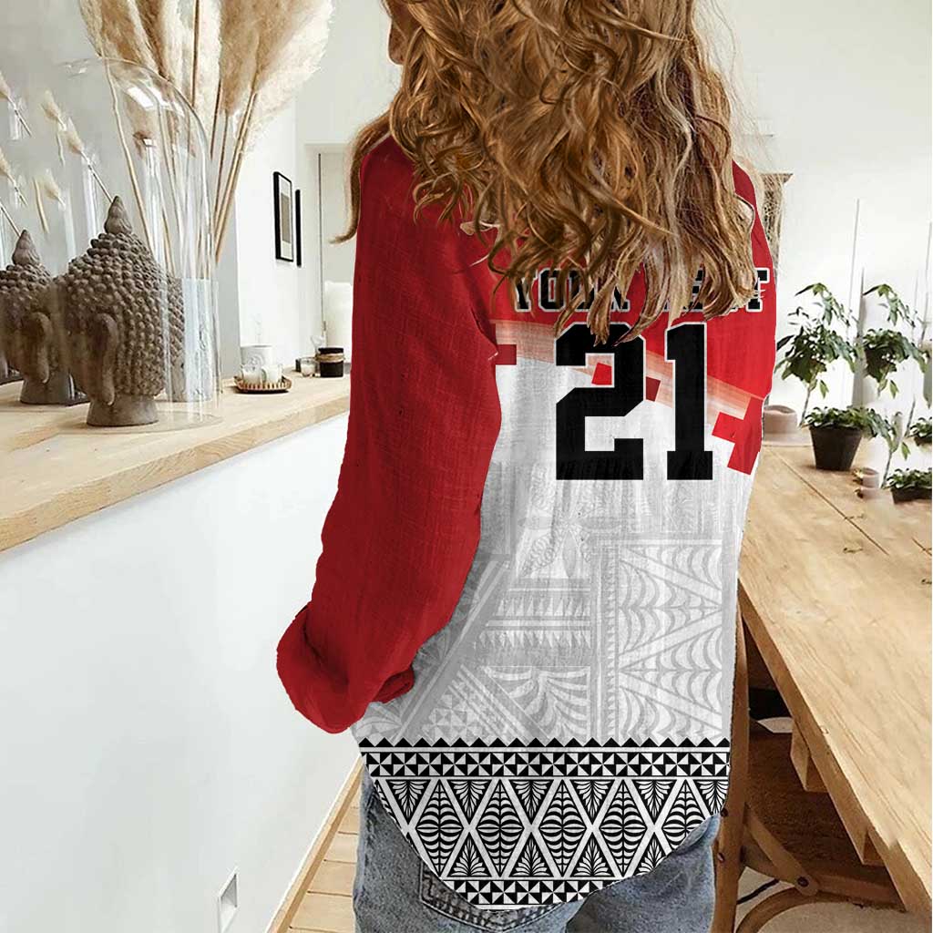 Ikale Tahi Pacific Tonga Rugby Custom Women Casual Shirt Tongan Ngatu with Flag Pattern