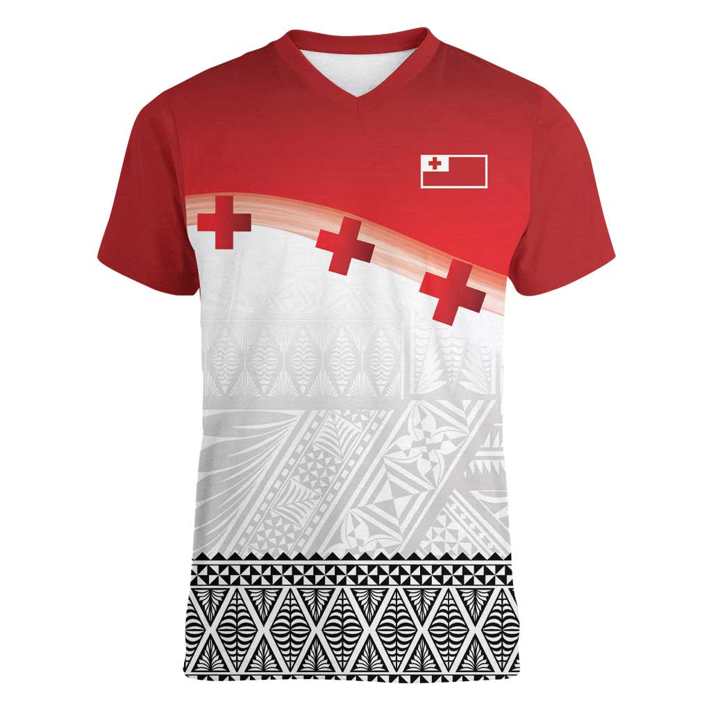 Ikale Tahi Pacific Tonga Rugby Custom Women V-Neck T-Shirt Tongan Ngatu with Flag Pattern