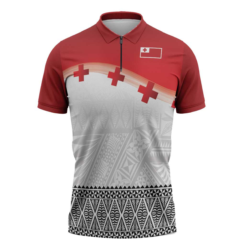 Ikale Tahi Pacific Tonga Rugby Custom Zipper Polo Shirt Tongan Ngatu with Flag Pattern - Polynesian Pride