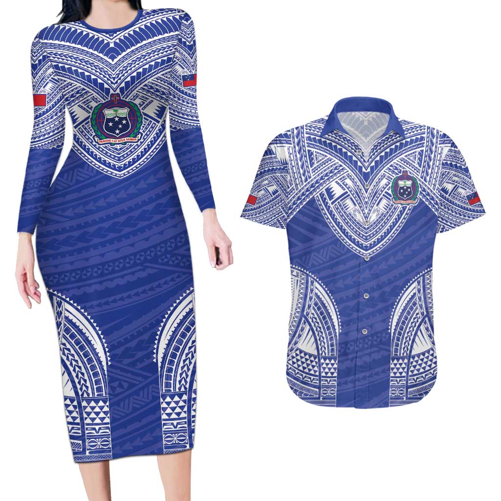 Manu Samoa Pacific Samoa Rugby Custom Couples Matching Long Sleeve Bodycon Dress and Hawaiian Shirt Polynesian Pattern