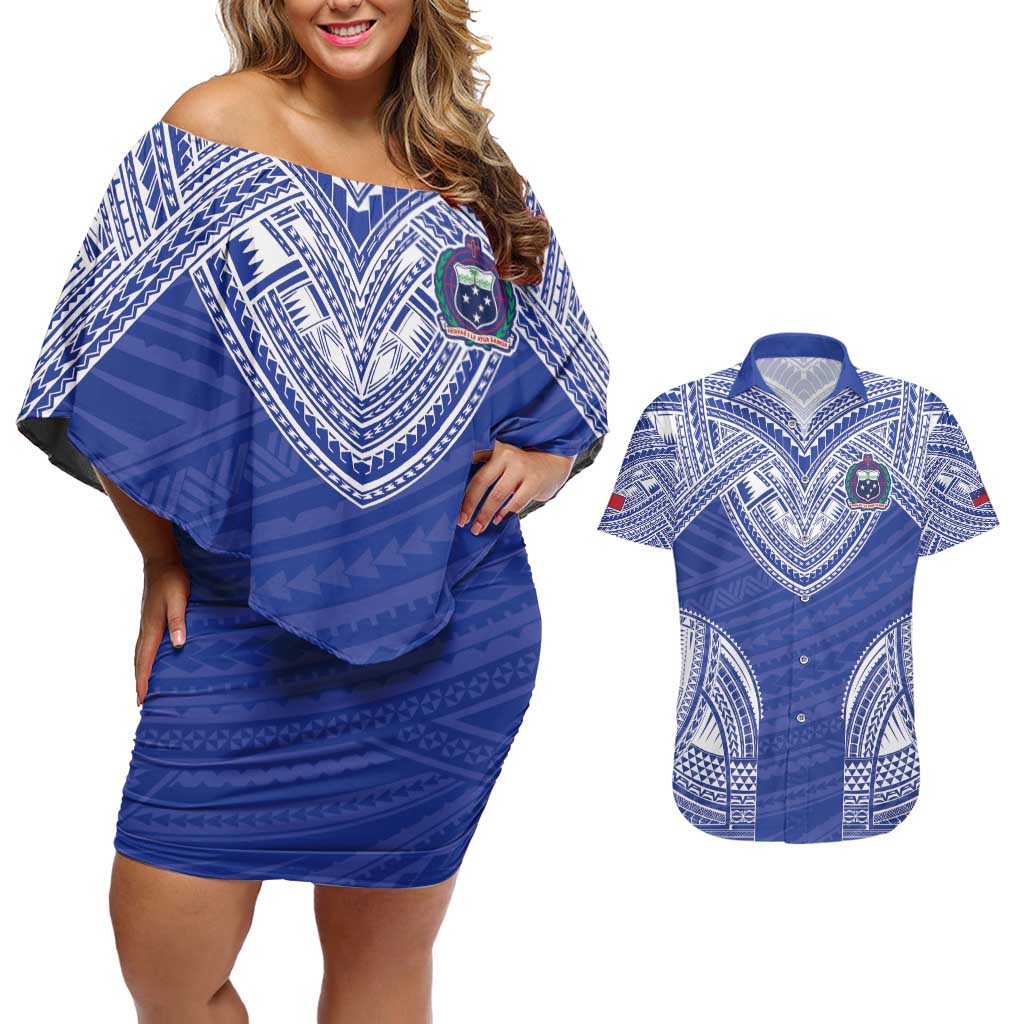 Manu Samoa Pacific Samoa Rugby Custom Couples Matching Off Shoulder Short Dress and Hawaiian Shirt Polynesian Pattern