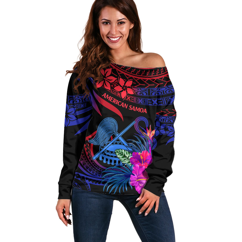 American Samoa Off Shoulder Sweater Manu'a Cession Day Polynesian Tribal LT9 Women Gradient Blue - Polynesian Pride
