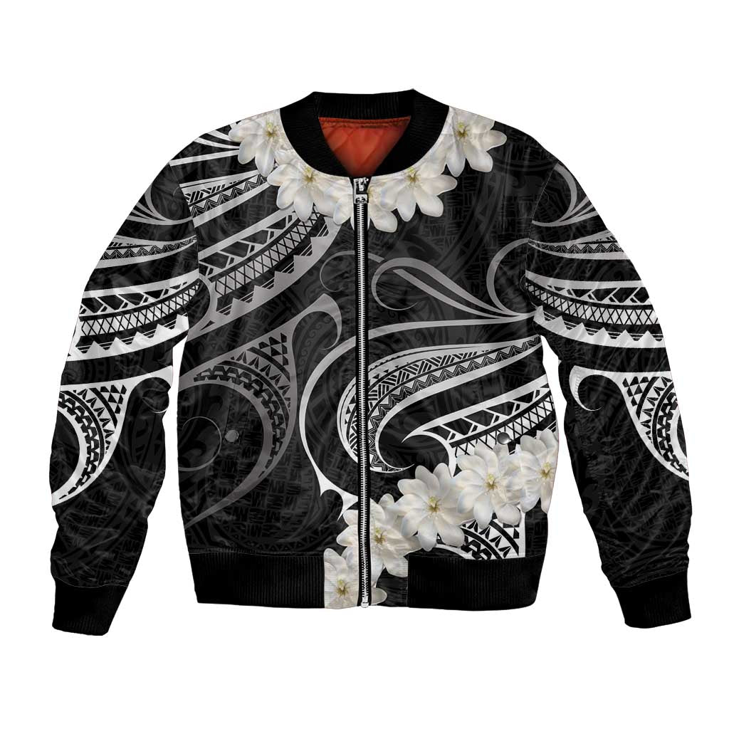 White Sunday Tokelau Gardenia Thunbergia Bomber Jacket Fakamalo Atu Kia Te Koutou Uma LT9 Unisex Black - Polynesian Pride