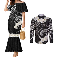 White Sunday Tokelau Gardenia Thunbergia Couples Matching Mermaid Dress and Long Sleeve Button Shirt Fakamalo Atu Kia Te Koutou Uma LT9 Black - Polynesian Pride