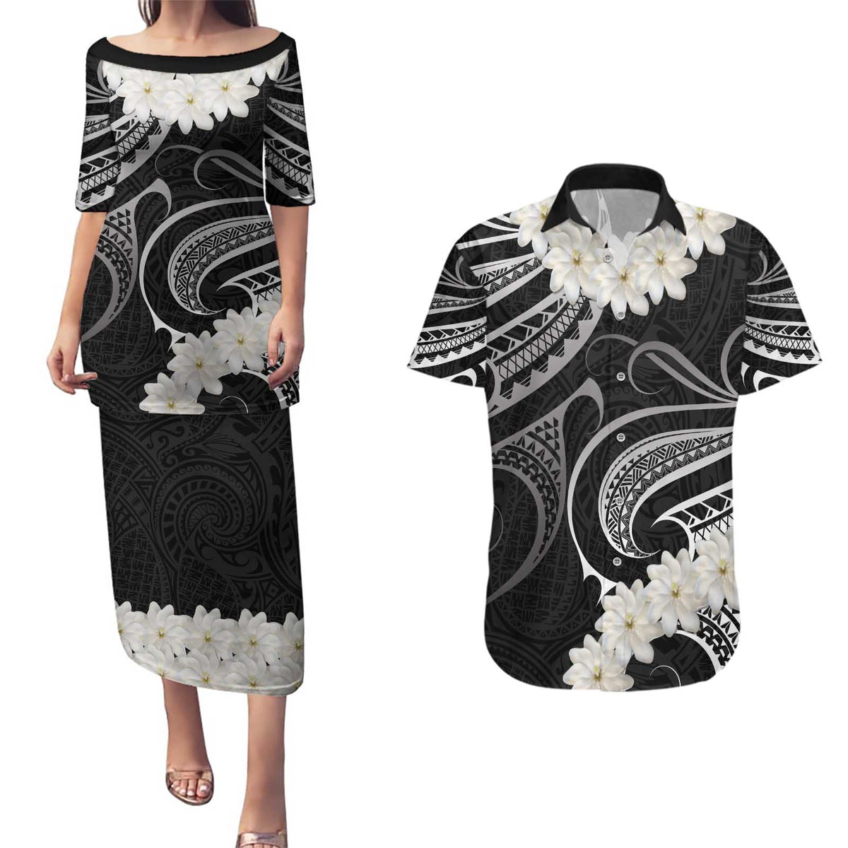 White Sunday Tokelau Gardenia Thunbergia Couples Matching Puletasi and Hawaiian Shirt Fakamalo Atu Kia Te Koutou Uma LT9 Black - Polynesian Pride