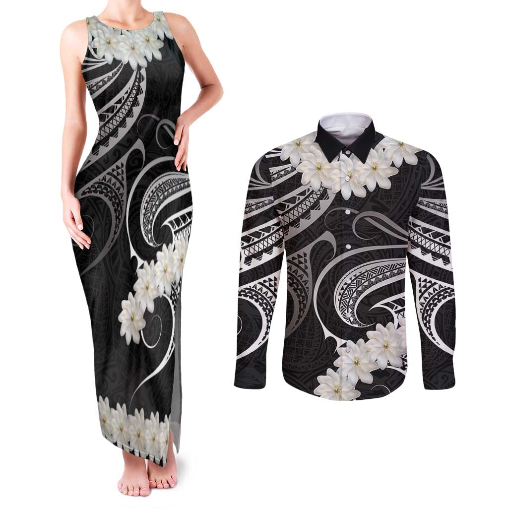 White Sunday Tokelau Gardenia Thunbergia Couples Matching Tank Maxi Dress and Long Sleeve Button Shirt Fakamalo Atu Kia Te Koutou Uma LT9 Black - Polynesian Pride
