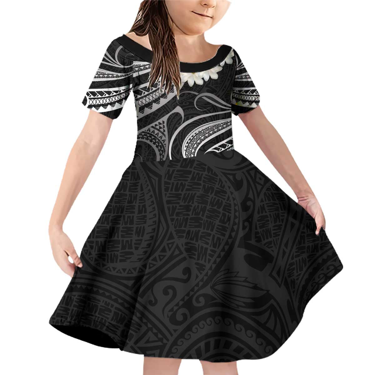 White Sunday Tokelau Gardenia Thunbergia Family Matching Off Shoulder Short Dress and Hawaiian Shirt Fakamalo Atu Kia Te Koutou Uma LT9 Daughter's Dress Black - Polynesian Pride
