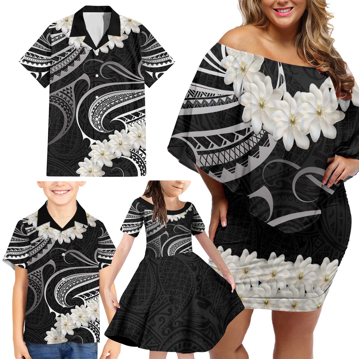 White Sunday Tokelau Gardenia Thunbergia Family Matching Off Shoulder Short Dress and Hawaiian Shirt Fakamalo Atu Kia Te Koutou Uma LT9 - Polynesian Pride