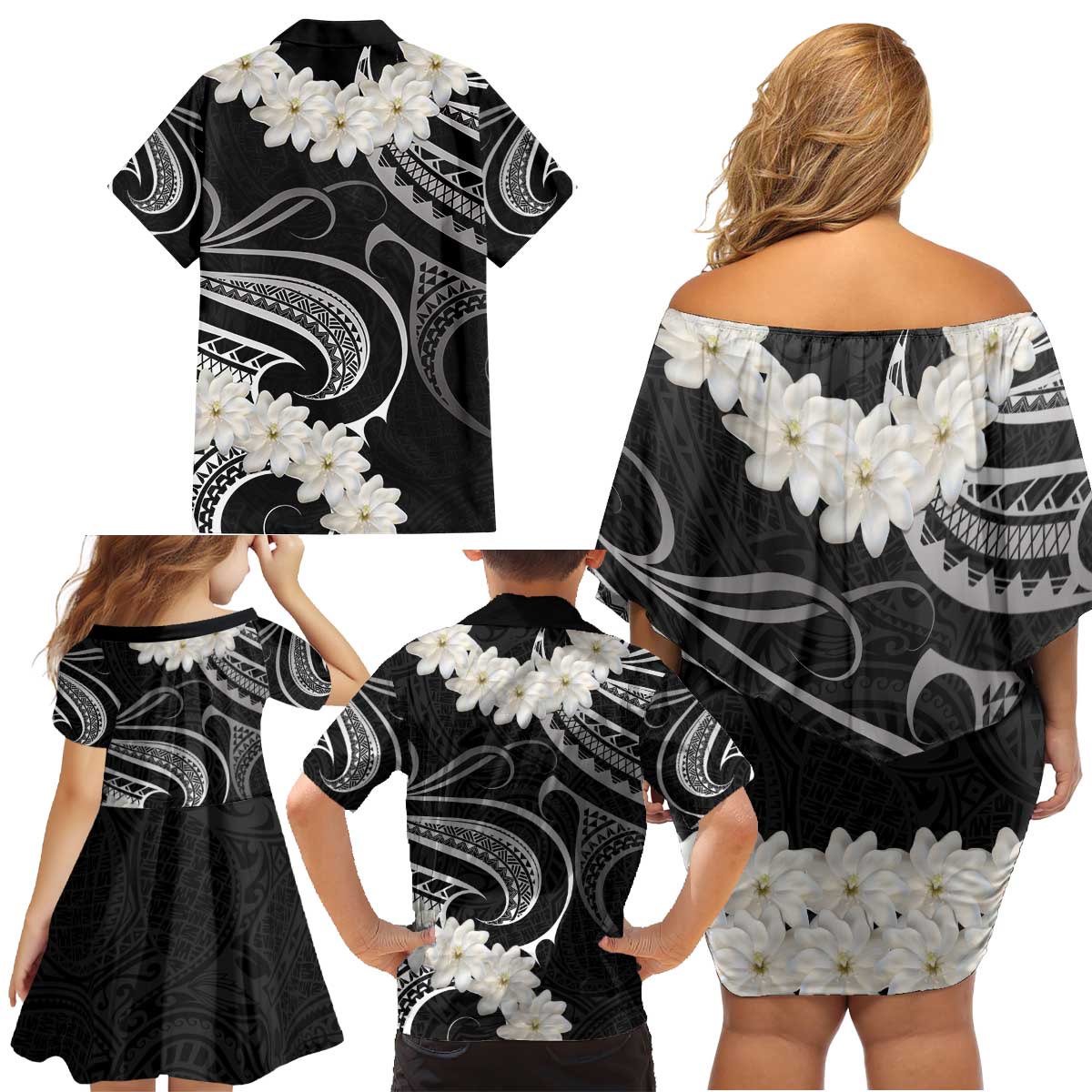 White Sunday Tokelau Gardenia Thunbergia Family Matching Off Shoulder Short Dress and Hawaiian Shirt Fakamalo Atu Kia Te Koutou Uma LT9 - Polynesian Pride