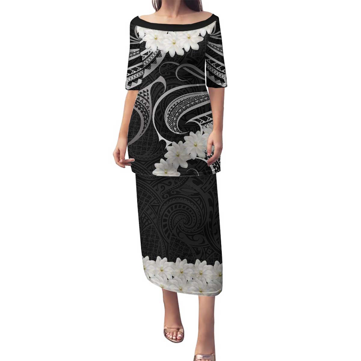 White Sunday Tokelau Gardenia Thunbergia Family Matching Puletasi and Hawaiian Shirt Fakamalo Atu Kia Te Koutou Uma LT9 Mom's Dress Black - Polynesian Pride