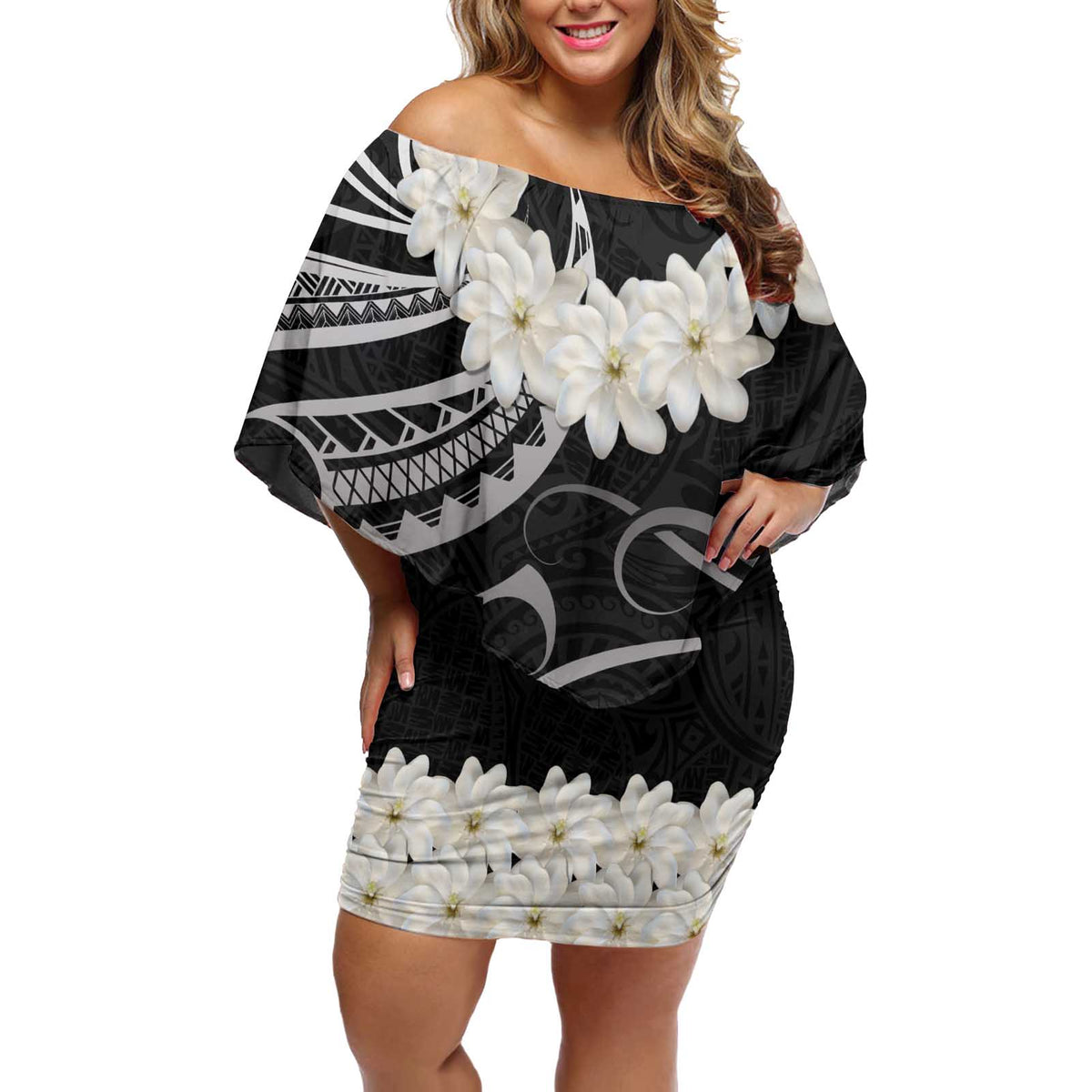 White Sunday Tokelau Gardenia Thunbergia Off Shoulder Short Dress Fakamalo Atu Kia Te Koutou Uma LT9 Women Black - Polynesian Pride