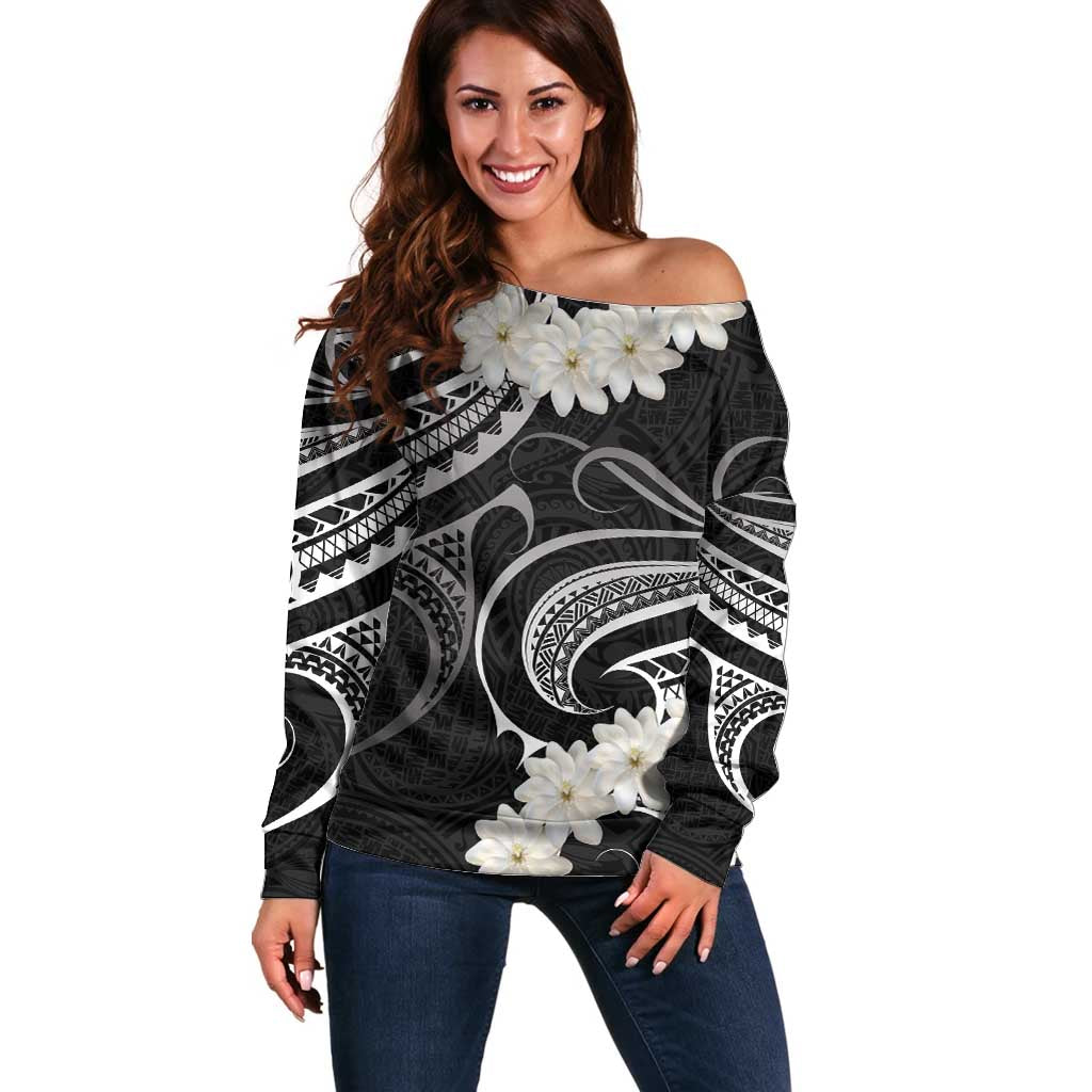 White Sunday Tokelau Gardenia Thunbergia Off Shoulder Sweater Fakamalo Atu Kia Te Koutou Uma LT9 Women Black - Polynesian Pride