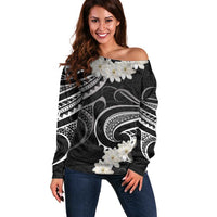 White Sunday Tokelau Gardenia Thunbergia Off Shoulder Sweater Fakamalo Atu Kia Te Koutou Uma LT9 Women Black - Polynesian Pride