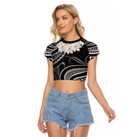 White Sunday Tokelau Gardenia Thunbergia Raglan Cropped T Shirt Fakamalo Atu Kia Te Koutou Uma LT9 Female Black - Polynesian Pride