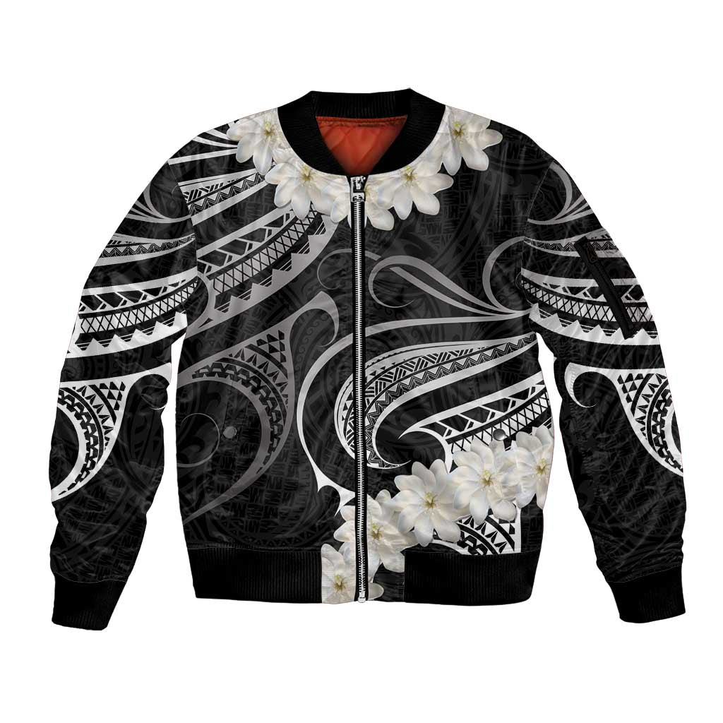 White Sunday Tokelau Gardenia Thunbergia Sleeve Zip Bomber Jacket Fakamalo Atu Kia Te Koutou Uma LT9 Unisex Black - Polynesian Pride