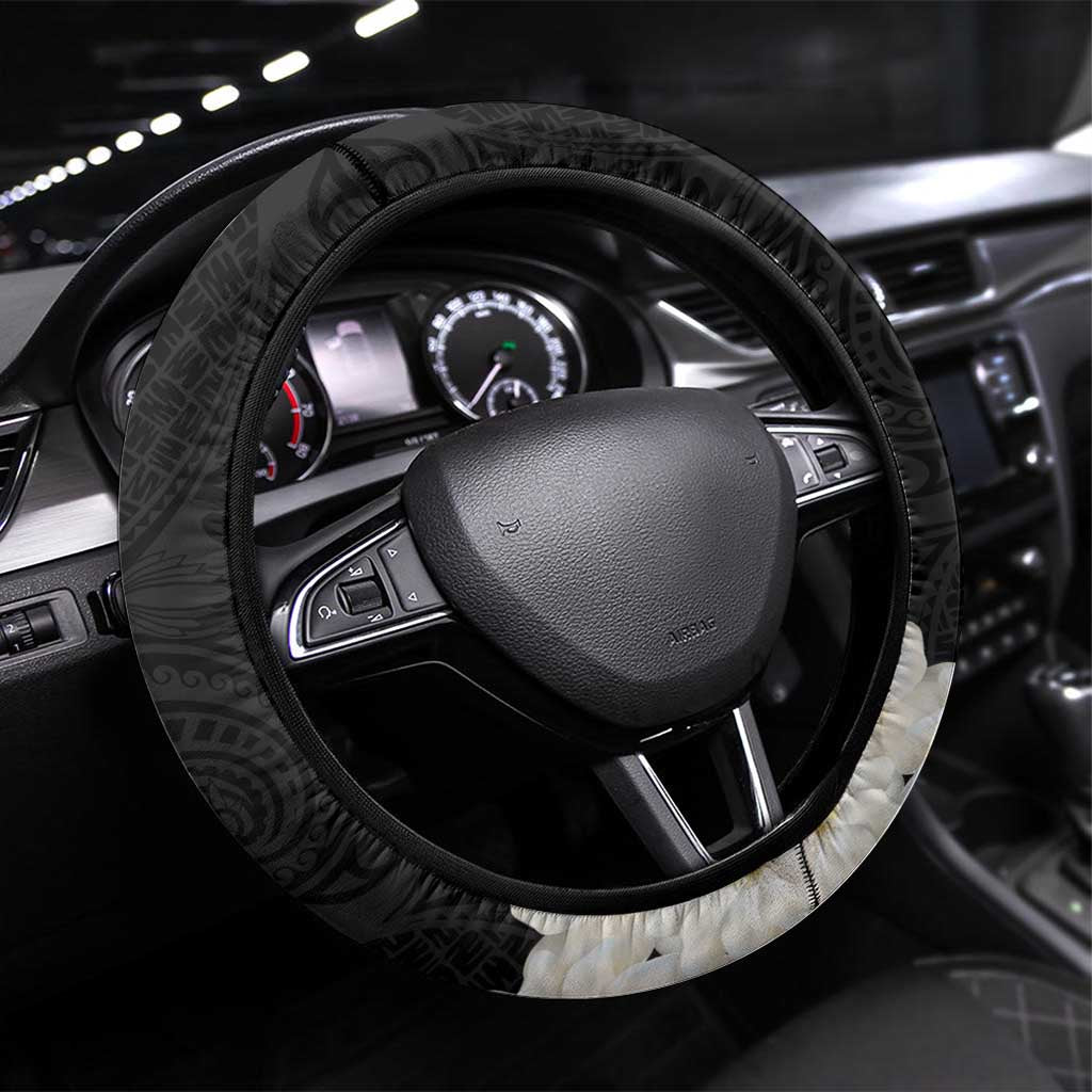 White Sunday Tokelau Gardenia Thunbergia Steering Wheel Cover Fakamalo Atu Kia Te Koutou Uma LT9 Universal Fit Black - Polynesian Pride