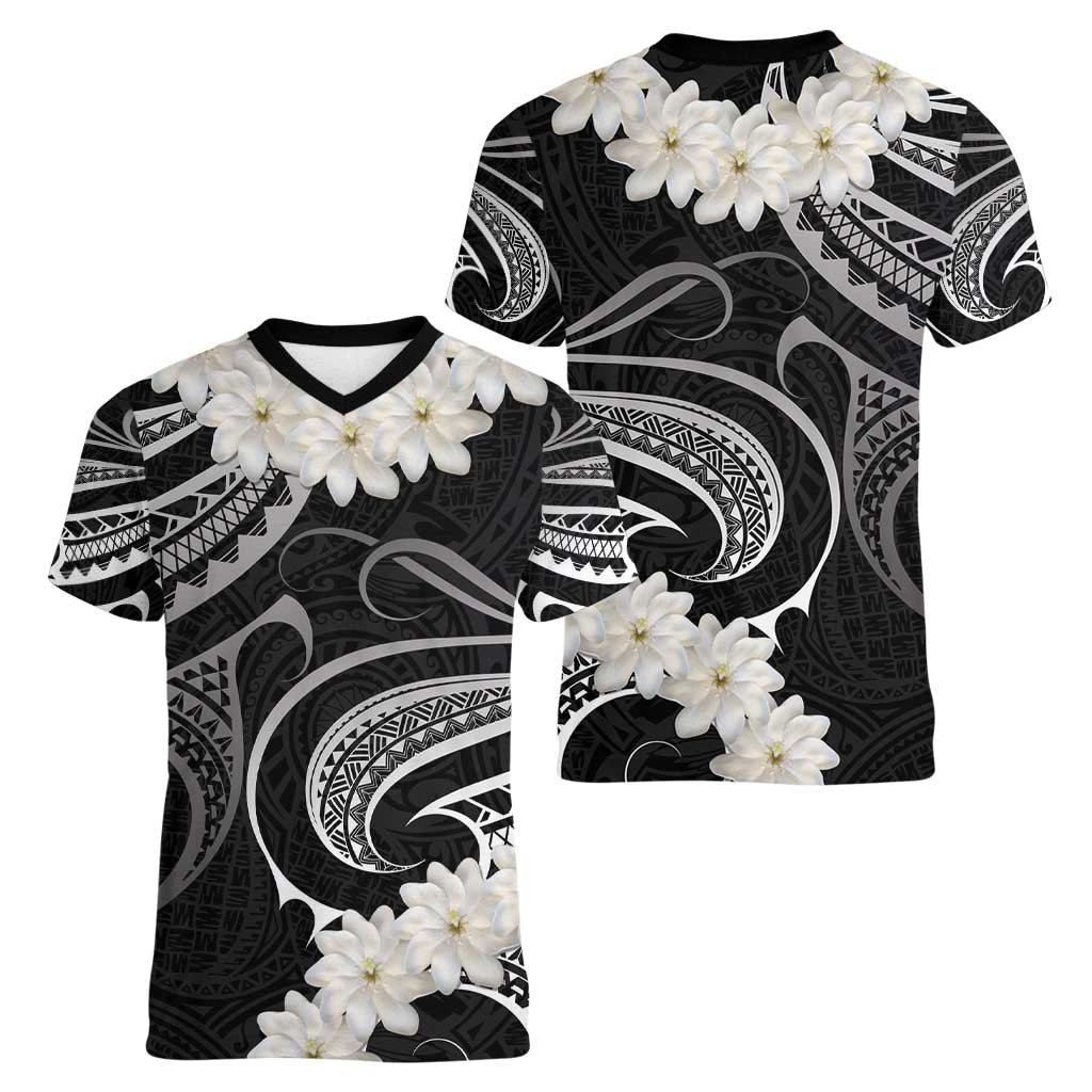 White Sunday Tokelau Gardenia Thunbergia Women V-Neck T-Shirt Fakamalo Atu Kia Te Koutou Uma LT9 - Polynesian Pride