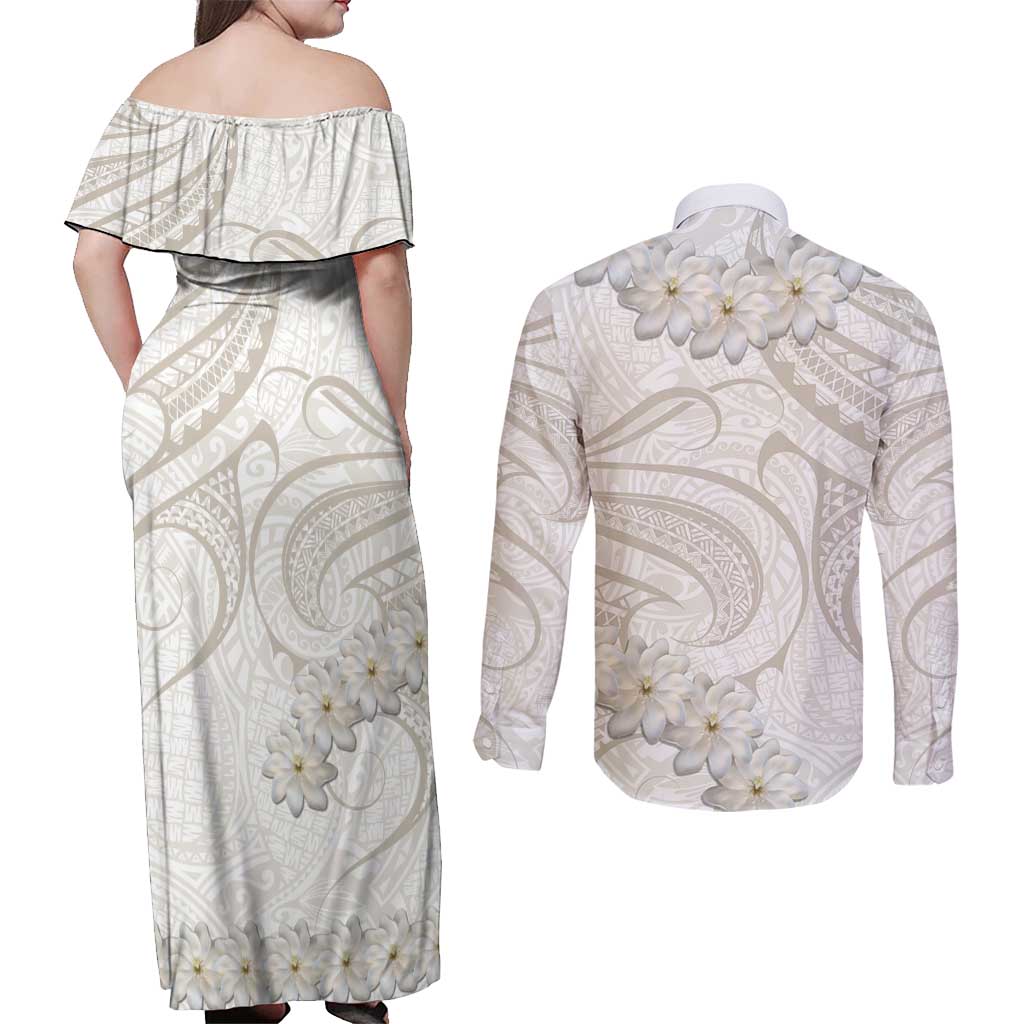 Tokelau Gardenia Thunbergia Couples Matching Off Shoulder Maxi Dress and Long Sleeve Button Shirt Black Polynesian Art Vibe