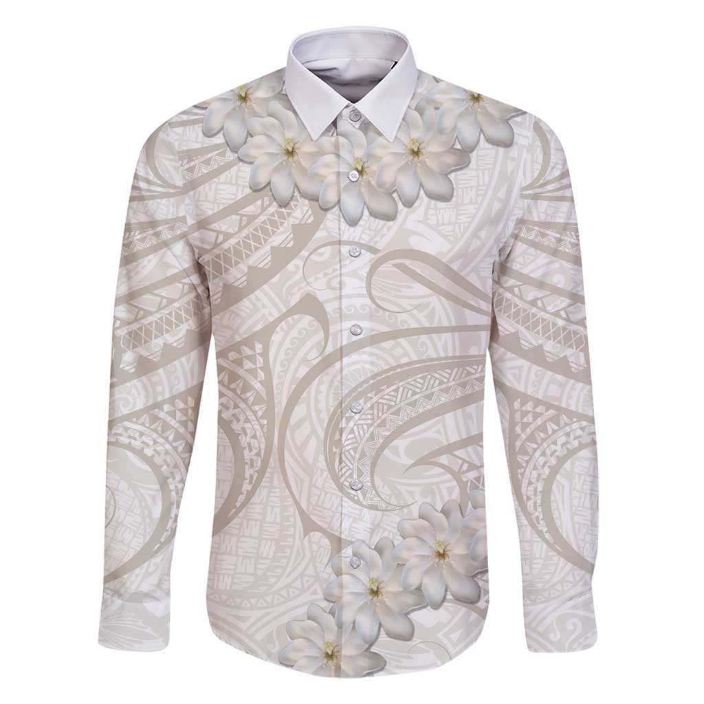 Tokelau Gardenia Thunbergia Family Matching Mermaid Dress and Hawaiian Shirt Polynesian Art Vibe LT9 Dad's Shirt - Long Sleeve White - Polynesian Pride