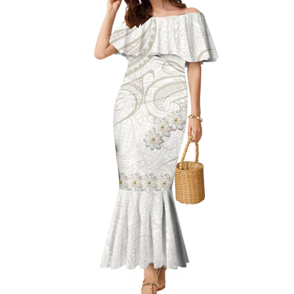 Tokelau Gardenia Thunbergia Family Matching Mermaid Dress and Hawaiian Shirt Polynesian Art Vibe LT9 Mom's Dress White - Polynesian Pride
