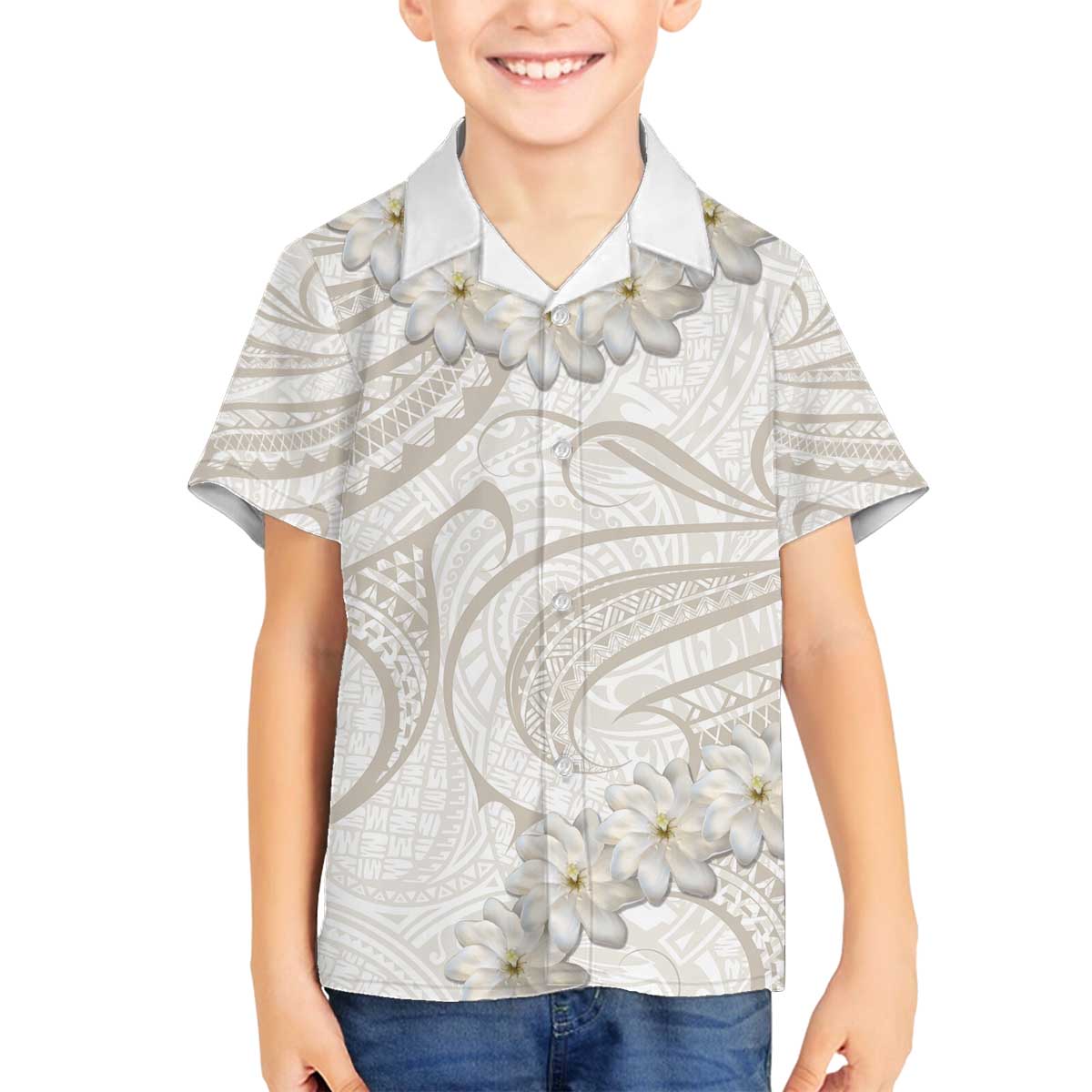 Tokelau Gardenia Thunbergia Family Matching Puletasi and Hawaiian Shirt Polynesian Art Vibe LT9 Son's Shirt White - Polynesian Pride