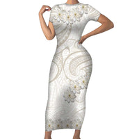 Tokelau Gardenia Thunbergia Short Sleeve Bodycon Dress Polynesian Art Vibe LT9 Long Dress White - Polynesian Pride