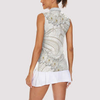 Tokelau Gardenia Thunbergia Women Sleeveless Polo Shirt Black Polynesian Art Vibe