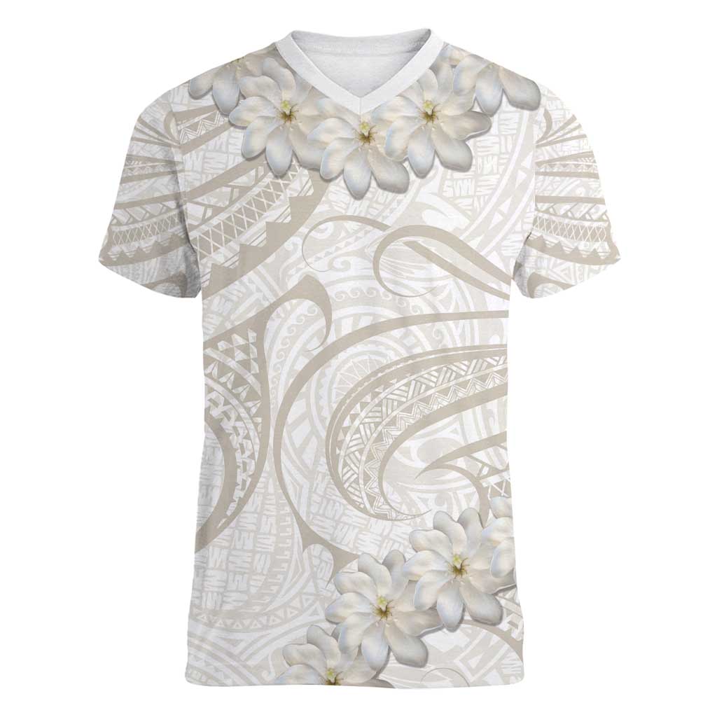 Tokelau Gardenia Thunbergia Women V-Neck T-Shirt Polynesian Art Vibe LT9 Female White - Polynesian Pride