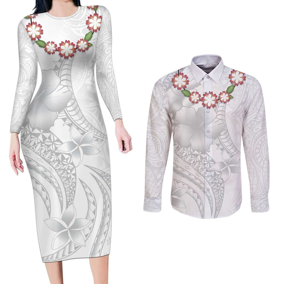 Manuia le Aso Sa o Tamaiti Tonga Couples Matching Long Sleeve Bodycon Dress and Long Sleeve Button Shirt White Sunday Heilala Lei LT9 White - Polynesian Pride