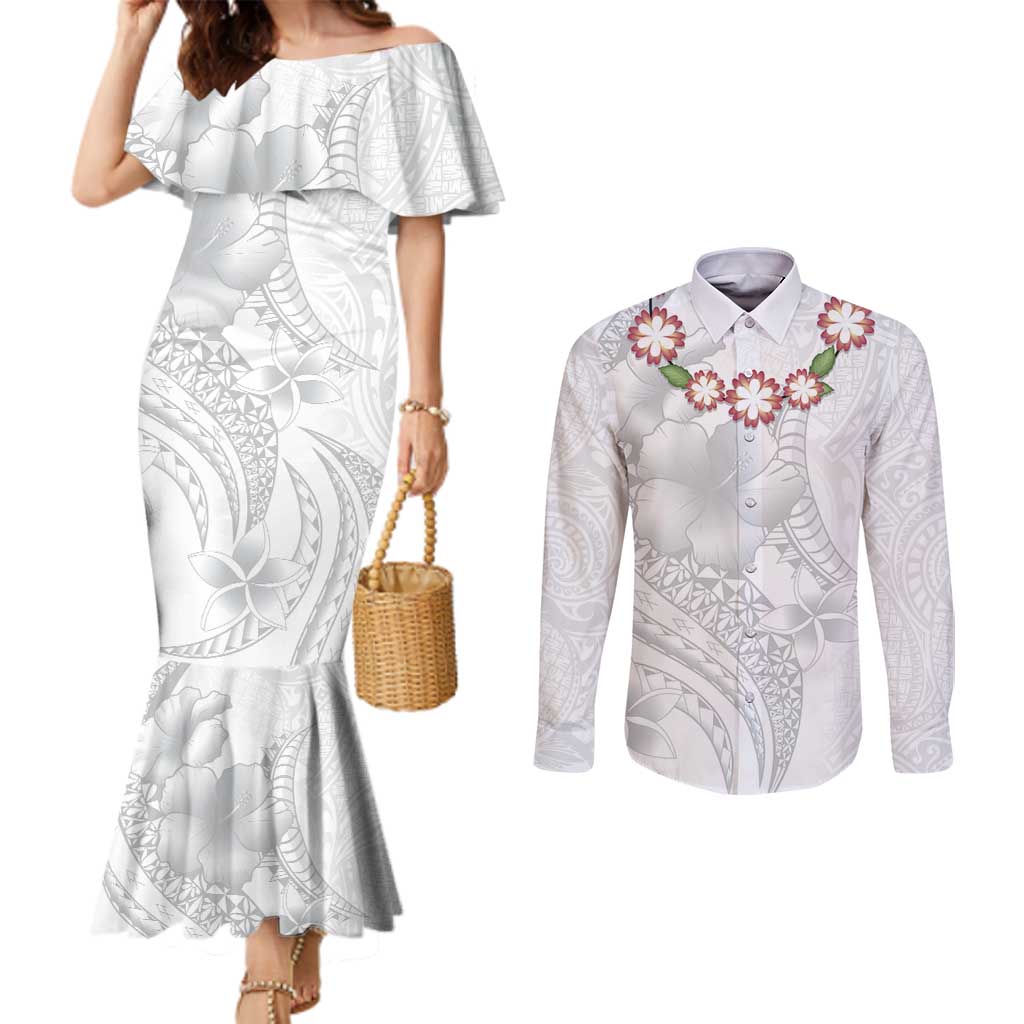 Manuia le Aso Sa o Tamaiti Tonga Couples Matching Mermaid Dress and Long Sleeve Button Shirt White Sunday Heilala Lei LT9 White - Polynesian Pride