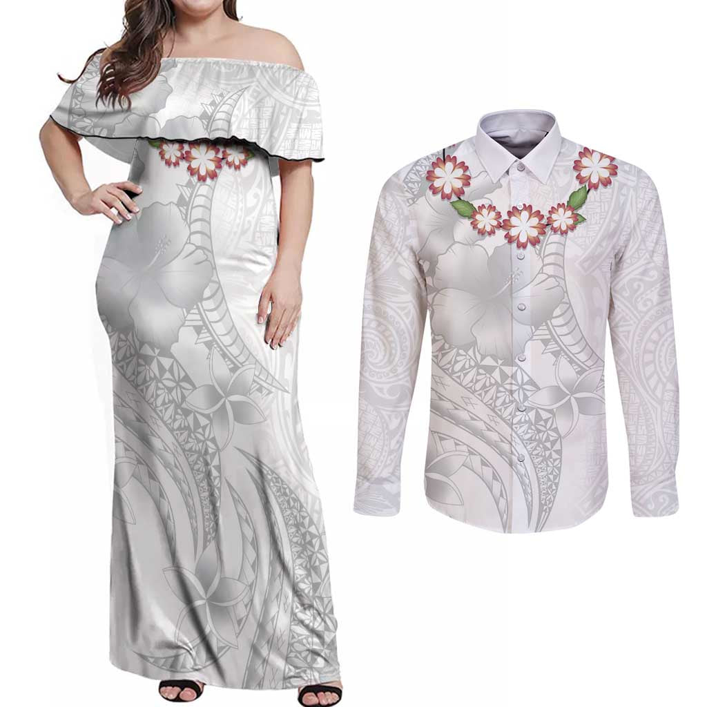 Manuia le Aso Sa o Tamaiti Tonga Couples Matching Off Shoulder Maxi Dress and Long Sleeve Button Shirt White Sunday Heilala Lei LT9 White - Polynesian Pride