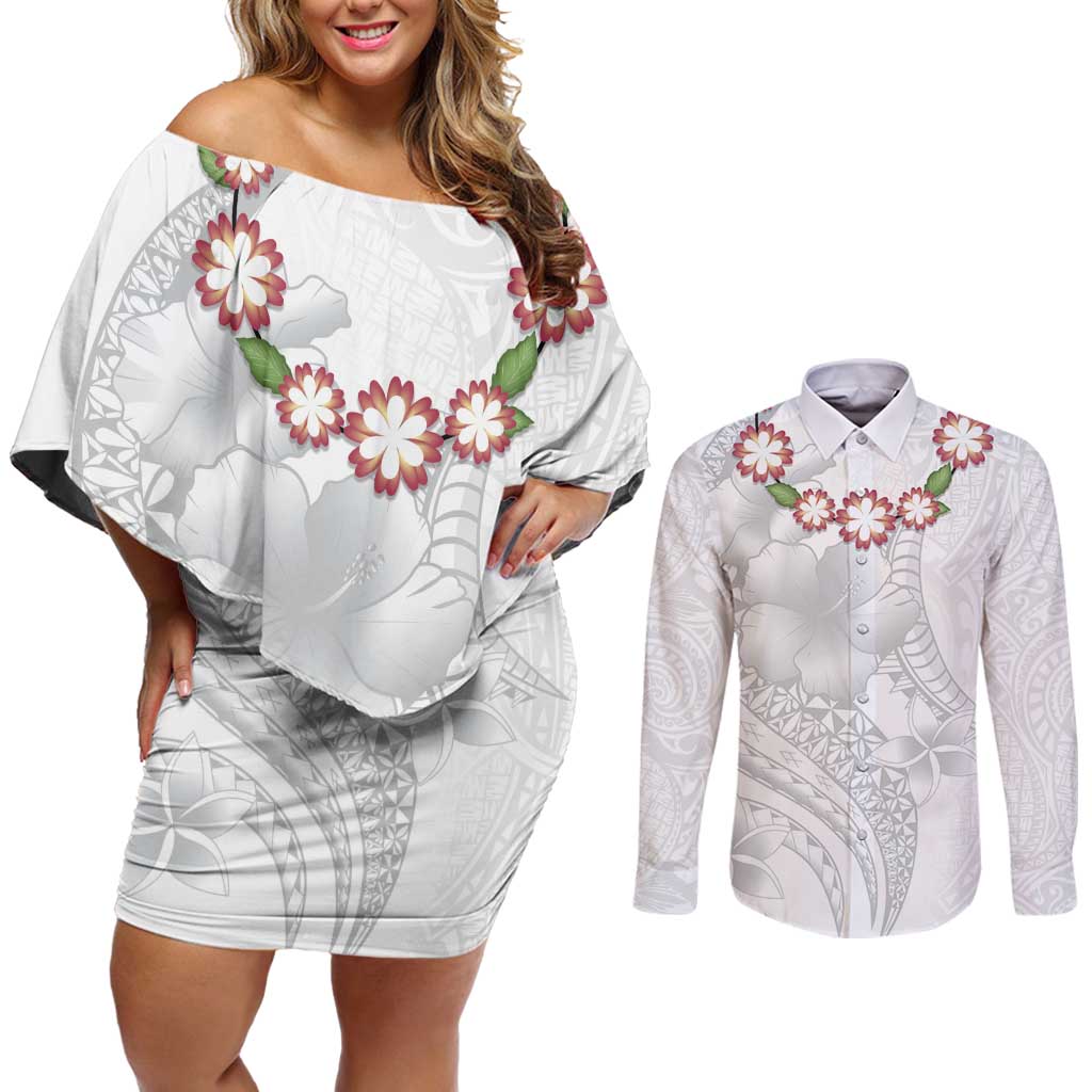 Manuia le Aso Sa o Tamaiti Tonga Couples Matching Off Shoulder Short Dress and Long Sleeve Button Shirt White Sunday Heilala Lei LT9 White - Polynesian Pride