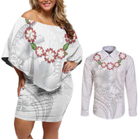 Manuia le Aso Sa o Tamaiti Tonga Couples Matching Off Shoulder Short Dress and Long Sleeve Button Shirt White Sunday Heilala Lei LT9 White - Polynesian Pride