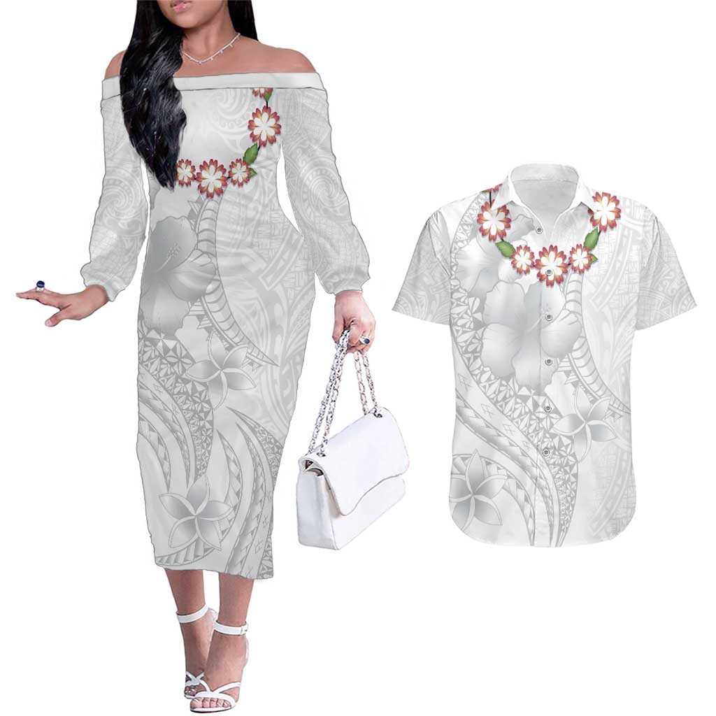 Manuia le Aso Sa o Tamaiti Tonga Couples Matching Off The Shoulder Long Sleeve Dress and Hawaiian Shirt White Sunday Heilala Lei LT9 White - Polynesian Pride