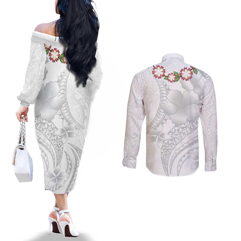 Manuia le Aso Sa o Tamaiti Tonga Couples Matching Off The Shoulder Long Sleeve Dress and Long Sleeve Button Shirt White Sunday Heilala Lei LT9 - Polynesian Pride