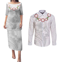 Manuia le Aso Sa o Tamaiti Tonga Couples Matching Puletasi and Long Sleeve Button Shirt White Sunday Heilala Lei LT9 White - Polynesian Pride